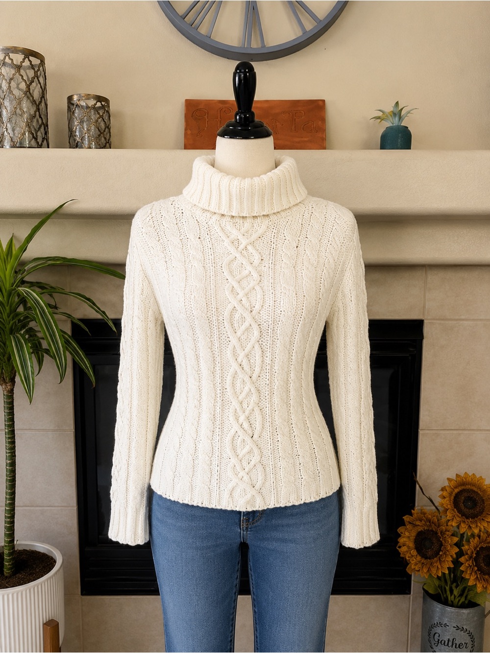 Fabulous Furs Cream Cable Turtleneck Sweater